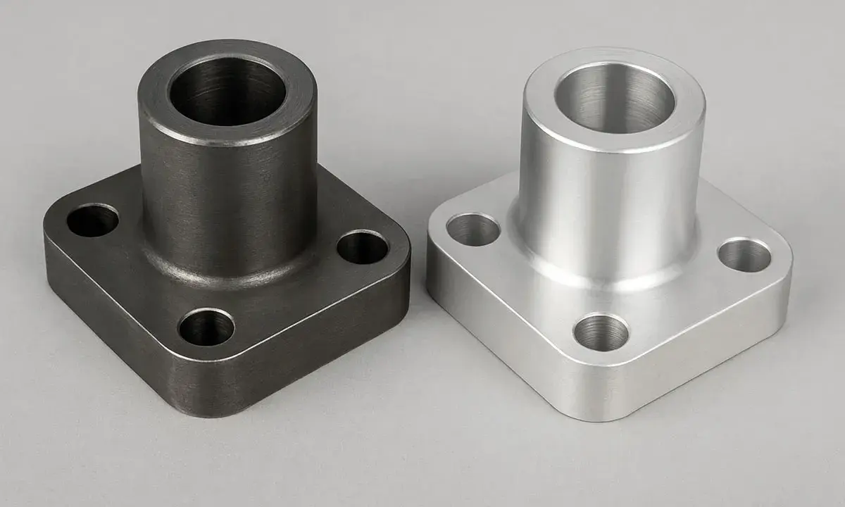 Due flange quadrate, una scura in cromo molibdeno e una chiara in alluminio, su sfondo grigio.