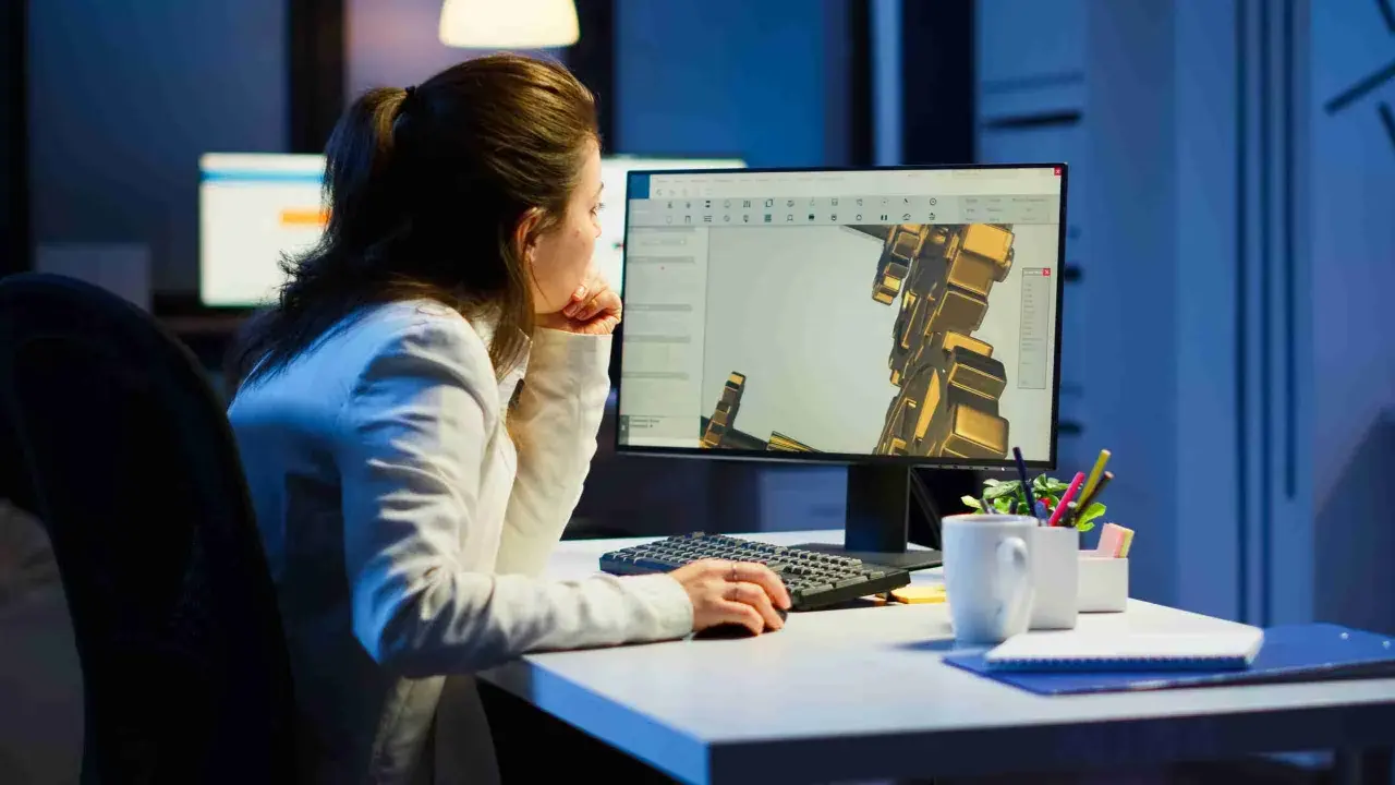 Operatore CAD lavora di notte su un progetto complesso, concentrato sul modello 3D visualizzato sullo schermo.