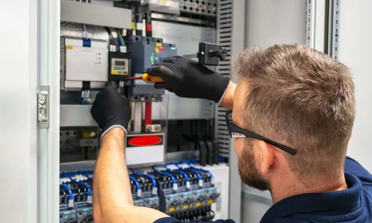 Tecnico con guanti neri lavora su un quadro elettrico, con un cacciavite su un componente. Il suo lavoro con il plc è fondamentale per l'automazione.