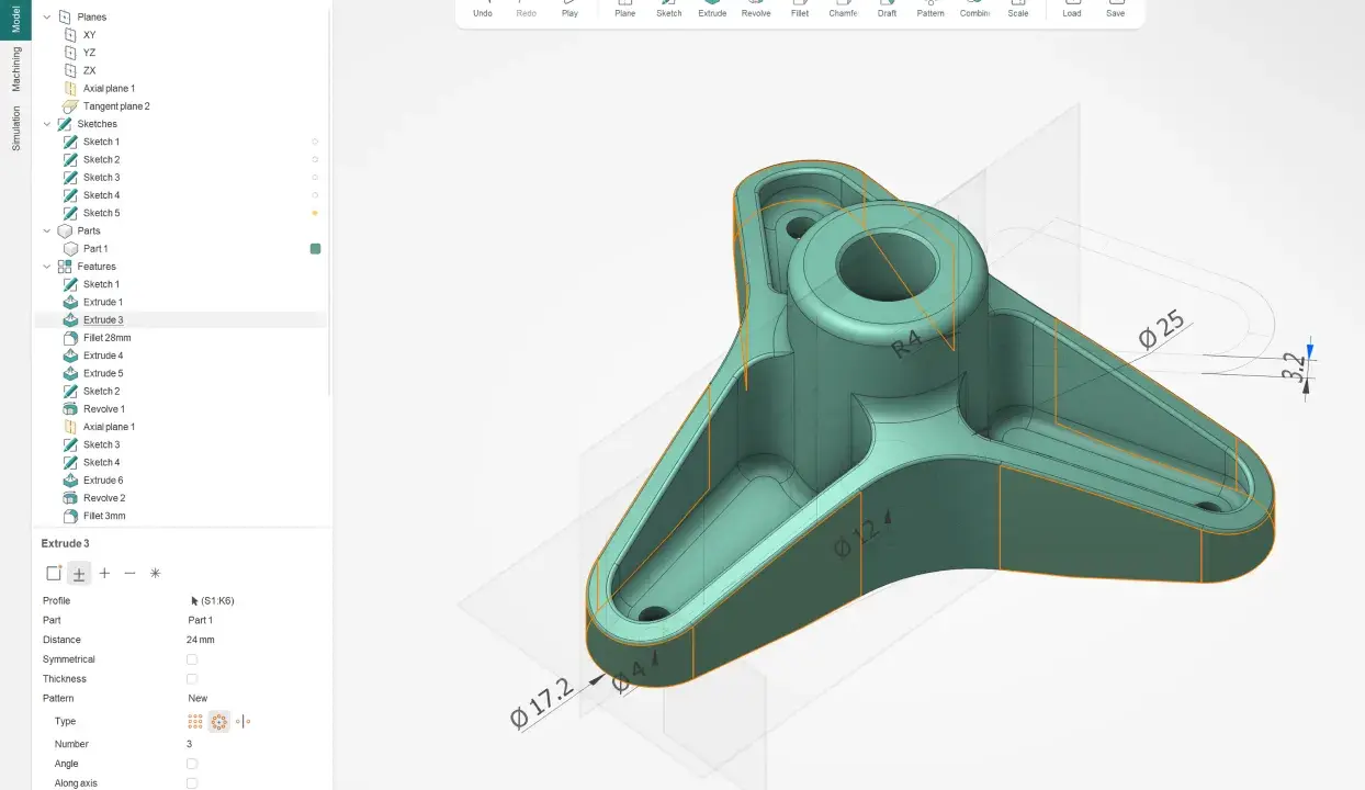 Modellazione 3D di un componente con software CAD CAM CNC. Il modello presenta dettagli precisi e quote dimensionali.