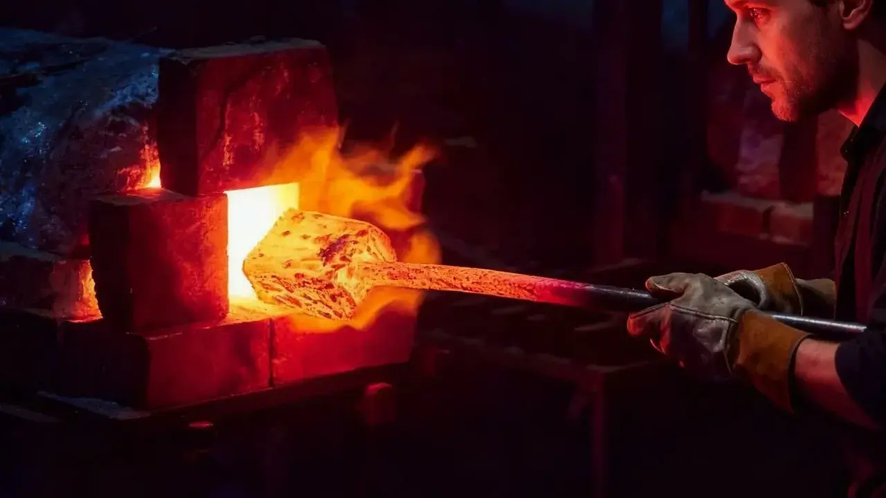 Fabbro con guanti estrae metallo incandescente da forno per la normalizzazione acciaio. Fiamme e calore intenso.
