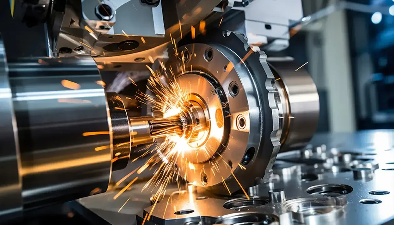 Un operatore CNC svizzero lavora con precisione su una macchina che produce scintille luminose.