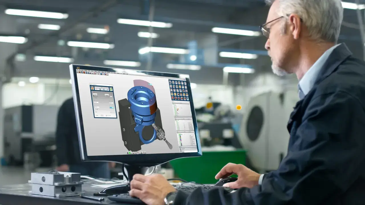 Ingegnere utilizza software CAD CAM per progettare un componente meccanico in 3D.