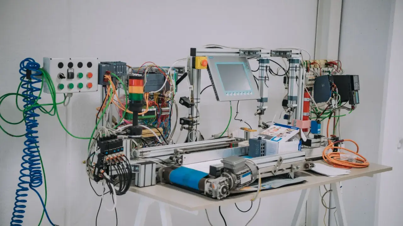 Banco di prova per corsi automazione industriale PLC: PLC Siemens, pannello touch, luci di segnalazione, motori e cablaggi.
