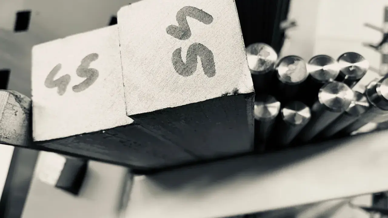 Blocchi di metallo con numeri "45" e "55" scritti sopra, pronti per essere lavorati. Accanto, barre di acciaio inossidabile aisi 309 lucide.