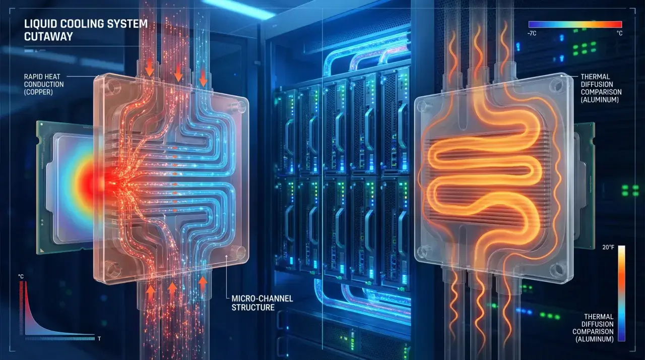 Confronto tra sistemi di raffreddamento a liquido: il rame dissipa il calore rapidamente, mentre l'alluminio mostra una diffusione termica più lenta.