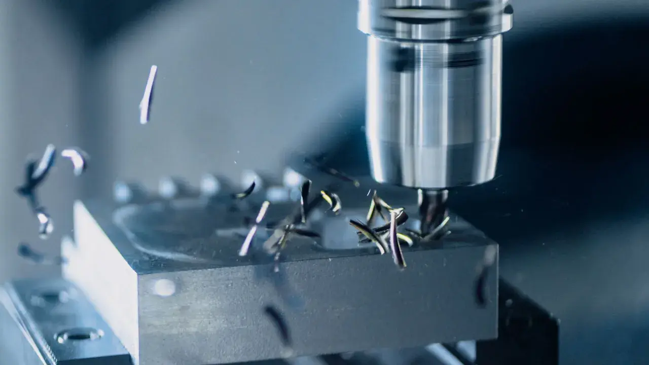 Fresatura di metallo con utensile rotante. Trucioli metallici volano via mentre la programmazione ISO guida la lavorazione di precisione.