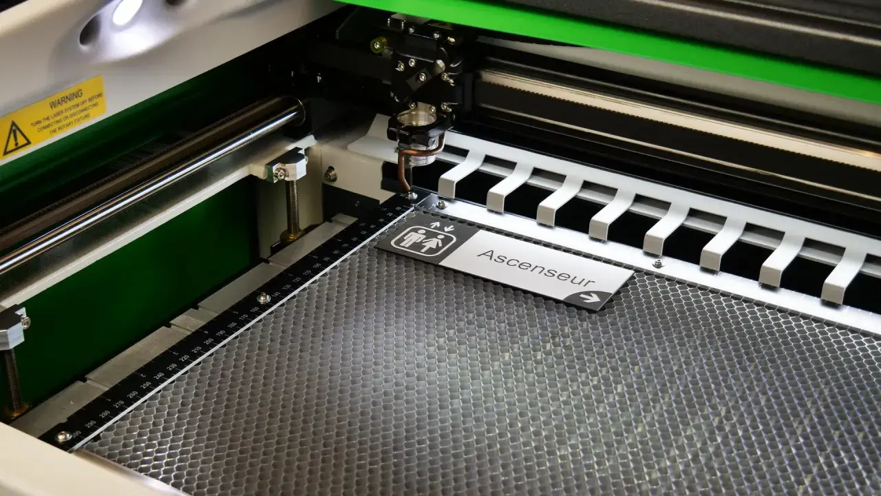 Macchina per taglio laser in azione, che realizza un cartello "Ascenseur" con simboli per bagni. Perfetta per progetti di taglio laser personalizzati.