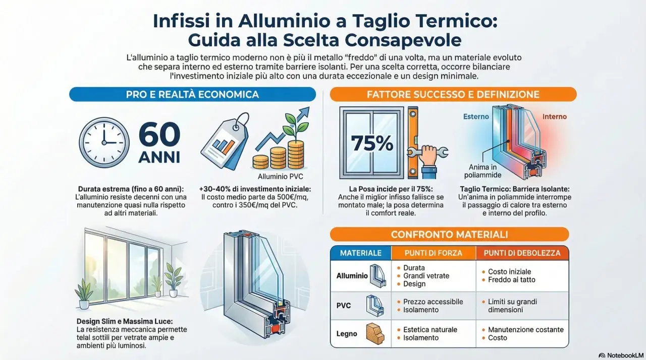 Infissi in alluminio a taglio termico: durata 60 anni, design slim, 75% di successo con posa corretta. Il codice 4043 è un esempio di eccellenza.