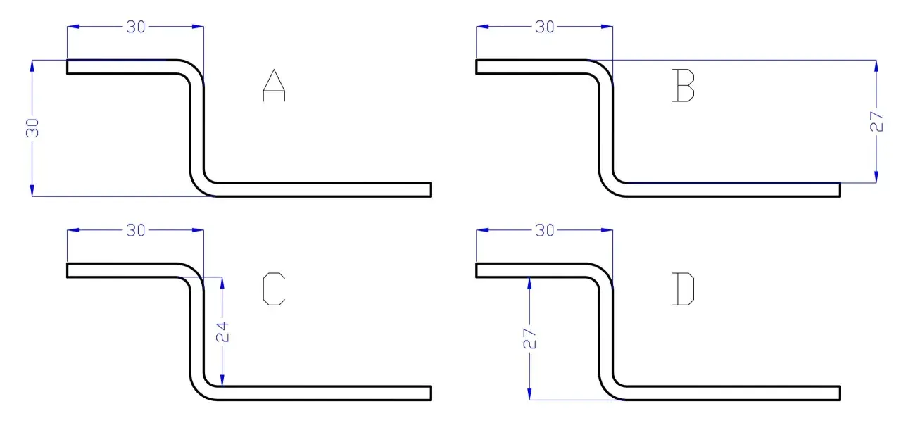 Disegno tecnico piegatura lamiere con quote per profili a Z. Diverse varianti A, B, C, D mostrano le dimensioni delle pieghe.