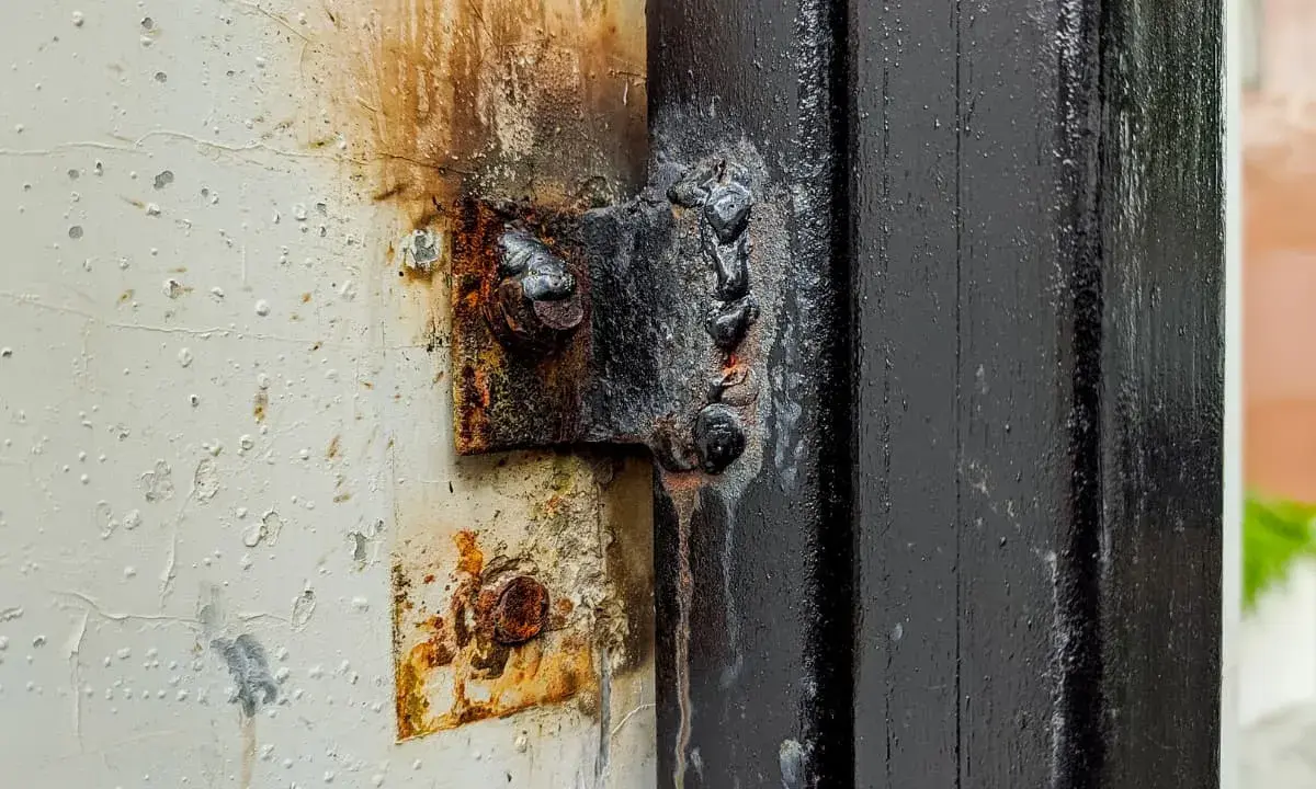 Cerniera arrugginita fissata con cianfrino saldatura su un telaio nero. La vernice bianca circostante è scrostata e macchiata.