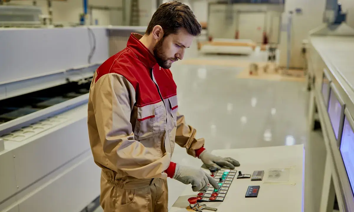 Un tornitore CNC esperto opera un pannello di controllo in una moderna officina, concentrato sul suo lavoro.