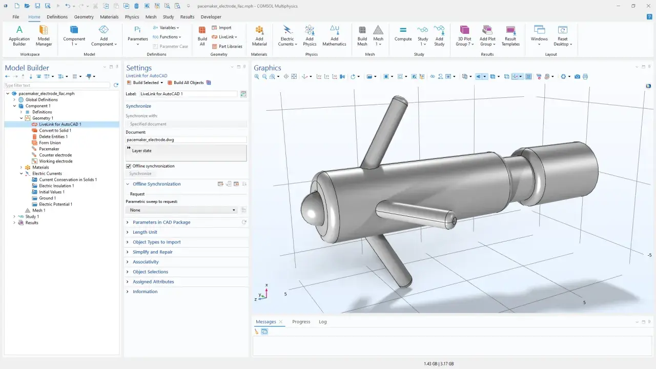 Interfaccia di LiveLink per AutoCAD, un'alternativa ad AutoCAD per la modellazione 3D, con un modello di elettrodo pacemaker visualizzato.