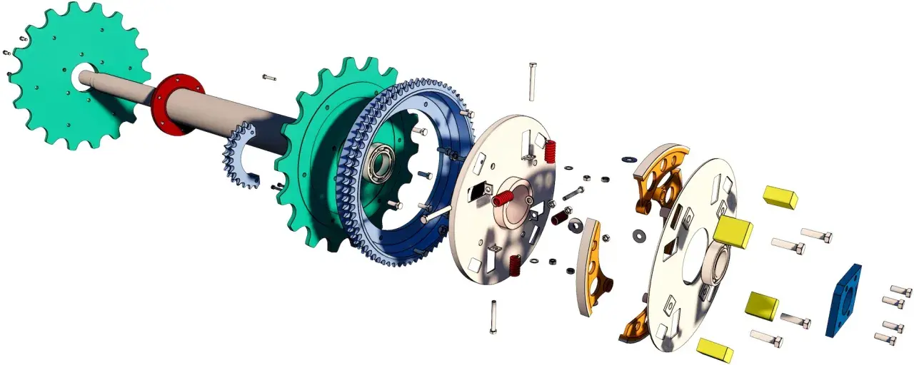 Componenti di un sistema di trasmissione, con ingranaggi, molle e bulloni, frutto di un'accurata progettazione meccanica 3D.