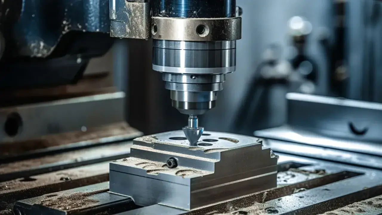 La fresa 3D lavora un pezzo metallico, creando dettagli precisi con la sua punta rotante.