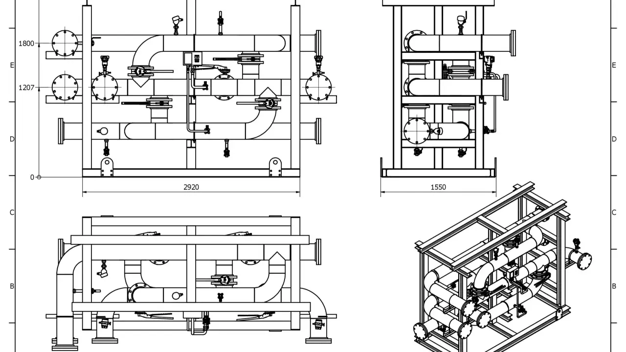 Disegni meccanici Autocad di un complesso sistema di tubazioni con valvole e flange, presentati in viste ortogonali e isometrica.