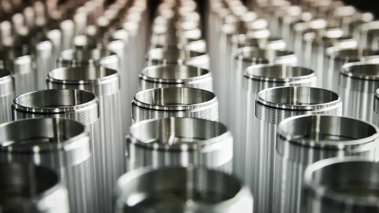 Filettature precise su cilindri metallici. L'alluminio contiene nichel, creando una finitura lucida e resistente.