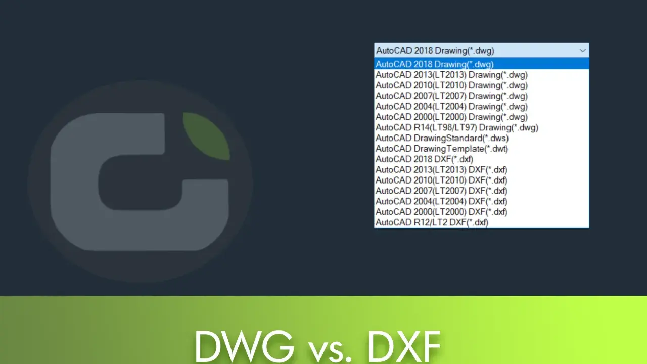 Elenco di tipi di file per un progetto AutoCAD, con opzioni per file DWG e DXF di diverse versioni.