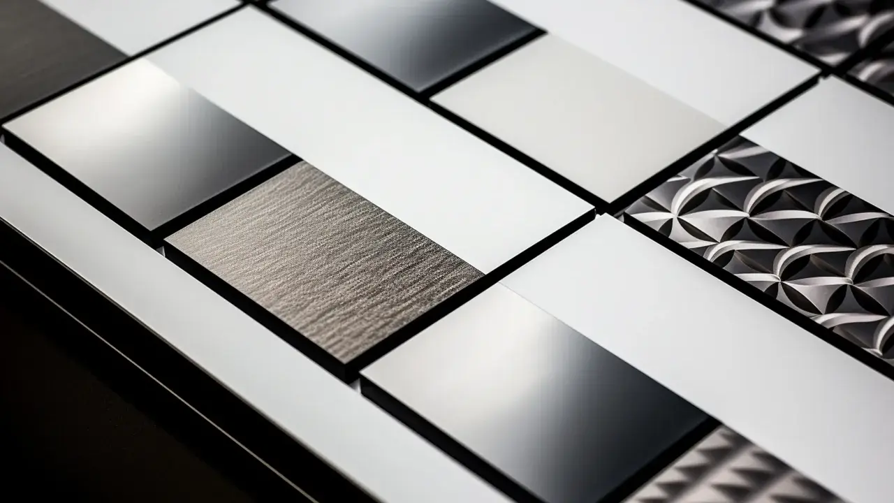 Superfici moderne con texture diverse, tra cui l'alluminio, che dimostrano a cosa serve l'alluminio: leggerezza, resistenza e design.
