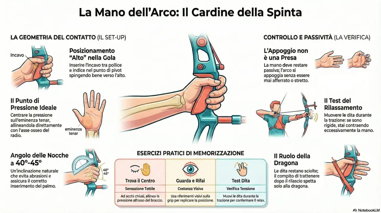 Illustrazione tecnica sulla corretta impugnatura dell'arco, con focus su geometria, pressione e controllo. La saldatura arco pulsato è un dettaglio tecnico non presente.