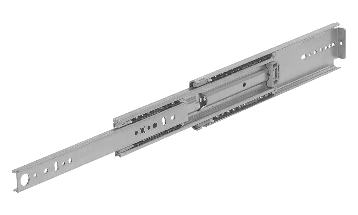 Guide lineari telescopiche in metallo, con sfere visibili, pronte per essere installate in un cassetto o mobile.