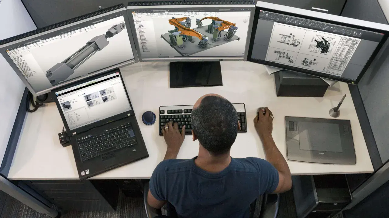Un disegnatore CAD freelance lavora su un sistema a triplo monitor, creando modelli 3D e disegni tecnici.