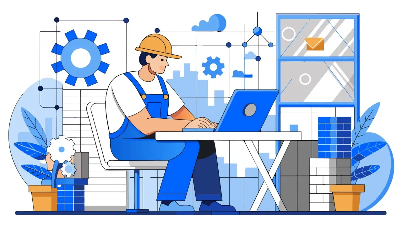 Un programmatore automazione lavora al suo laptop, circondato da ingranaggi e grafici, creando sistemi efficienti.