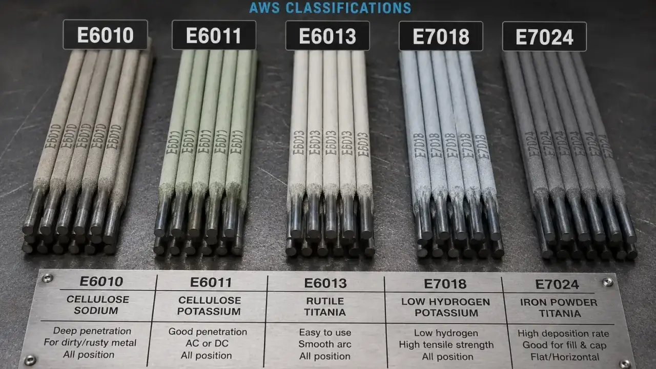 Cinque tipi di elettrodi per saldatura: E6010, E6011, E6013, E7018 e E7024, con le loro classificazioni AWS.