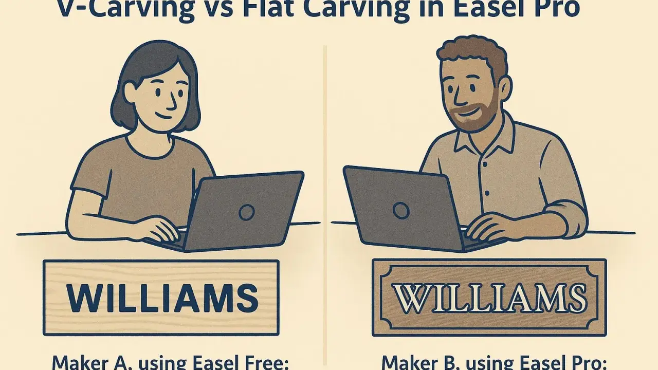 Due persone usano un computer per creare incisioni su legno con Easel Pro. Una mostra un'incisione piatta, l'altra una V-carving.