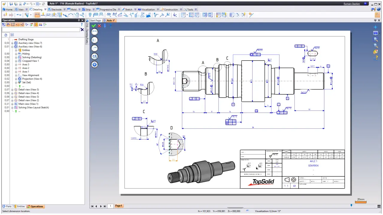 Disegno tecnico di un albero motore con quote e tolleranze, realizzato lavorando con Autocad.