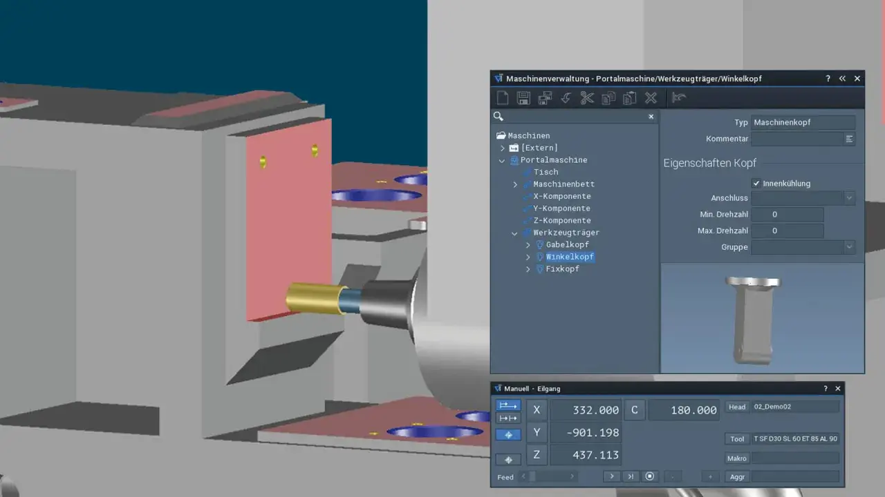 Interfaccia di un programma CNC che mostra la gestione di una portalmachine, con dettagli sul winkelkopf e coordinate di movimento.