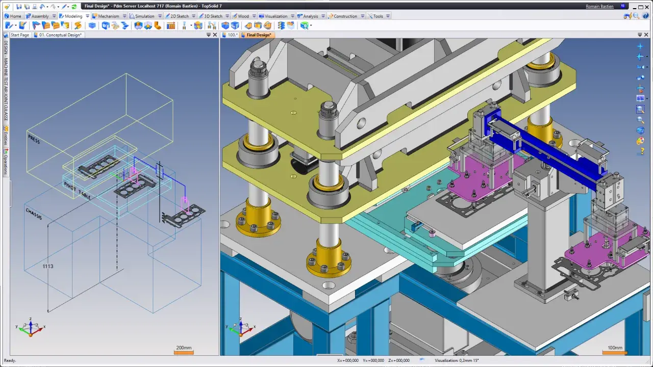 Progettazione 3D di un macchinario industriale, con componenti che illustrano il significato di un sistema parametrico.