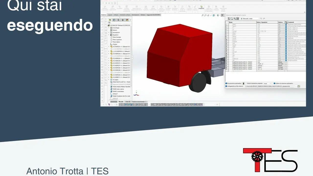 Modello 3D di un rimorchio rosso creato con software parametrico, con un elenco di componenti e quote visibili.