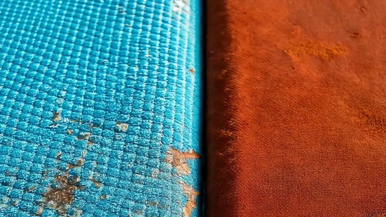 Dettaglio di un test di **salt spray** su due materiali: uno blu con macchie di corrosione, l'altro arancione.