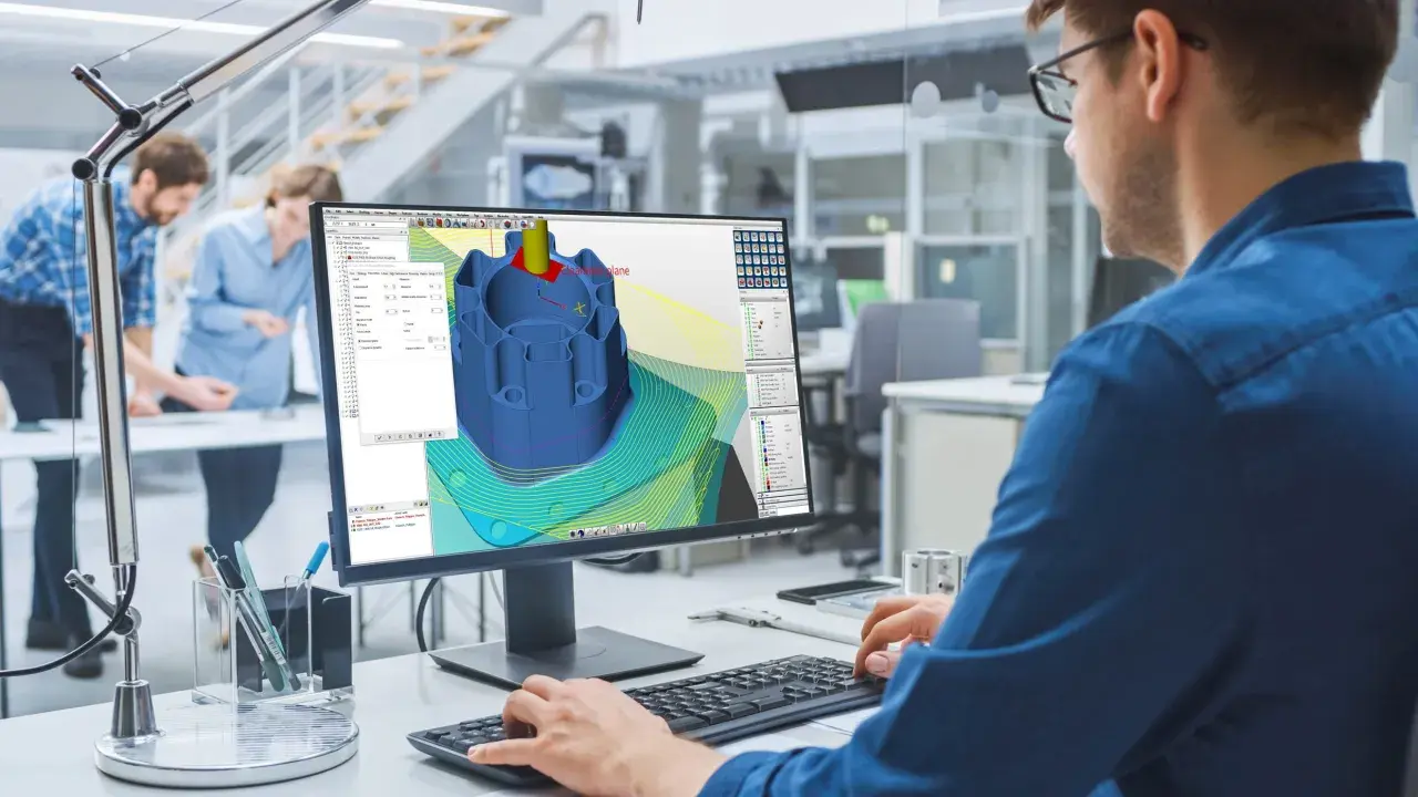 Ingegnere lavora al software cam cnc per progettare un componente meccanico complesso.