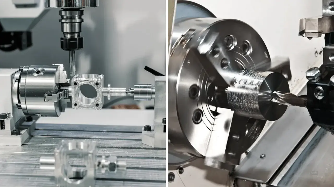 Dettaglio di un tornio CNC che lavora un pezzo metallico. Un altro tornio in azione, con una punta che perfora il metallo rotante.