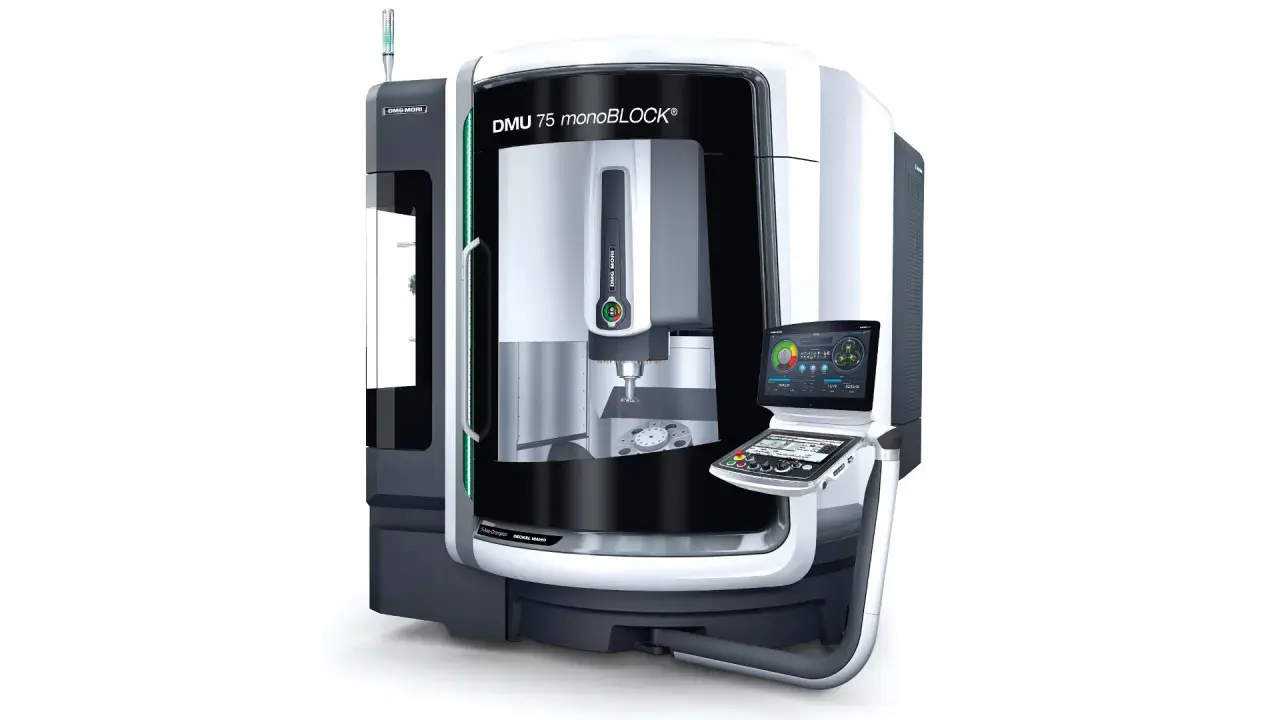 Macchina utensile DMG MORI DMU 75 monoBLOCK, con un pannello di controllo digitale e un mandrino pronto per la lavorazione di precisione.