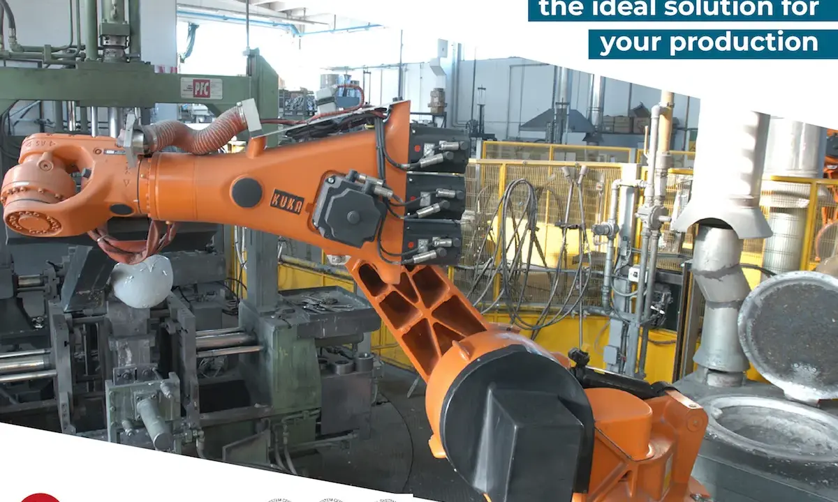 Robot KUKA esegue la fusione di alluminio in fonderia, un processo automatizzato per la produzione di alta qualità.