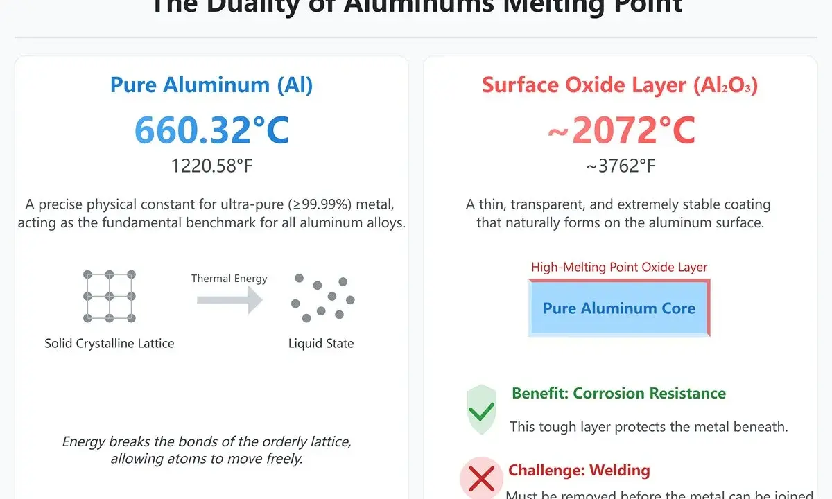 Confronto tra la temperatura fusione alluminio puro (660°C) e lo strato di ossido (2072°C), evidenziando la sua resistenza alla corrosione ma difficoltà di saldatura.