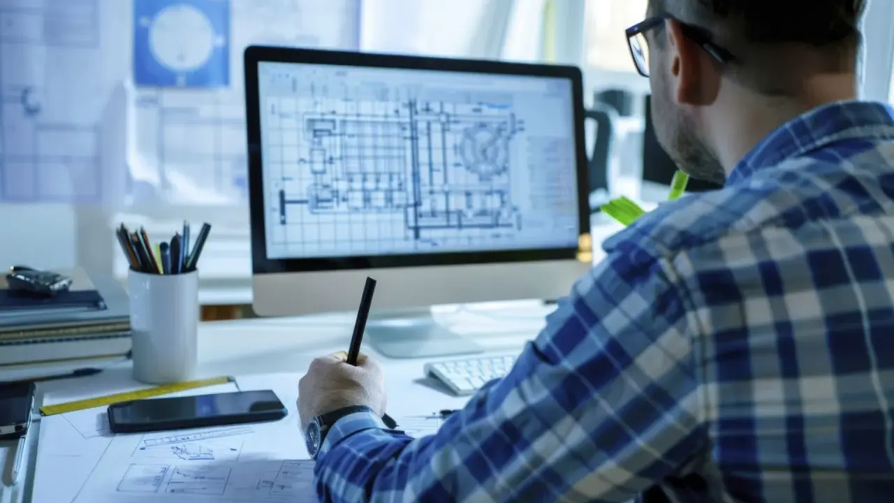 Un disegnatore CAD lavora al computer, concentrato sui progetti. Lo stipendio di un disegnatore CAD varia in base all'esperienza.