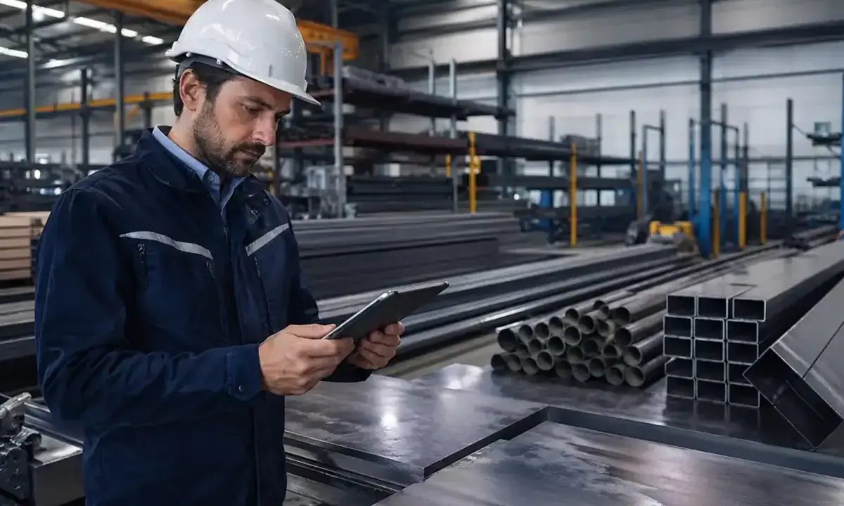 Operaio in fabbrica con tablet, controlla il "nesting significato" per ottimizzare il taglio dei metalli.