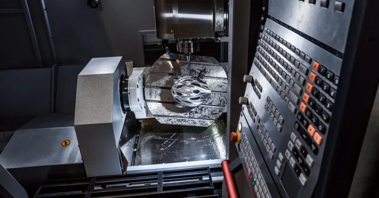 Macchinario CNC in azione, con un casco da ciclista in lavorazione. La manutenzione macchinari industriali è fondamentale per precisione e efficienza.