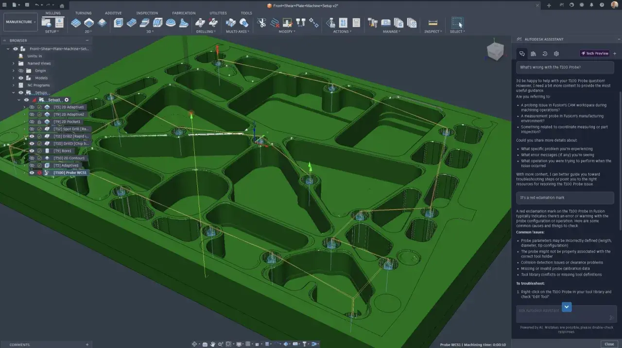 Interfaccia di cam autodesk con un modello 3D di un pezzo meccanico verde e un assistente che suggerisce soluzioni per un problema con una sonda.