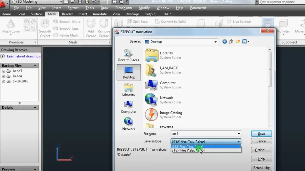 Finestra di dialogo "STEPOUT translation" in AutoCAD, con selezione del tipo di file "IGES Files" per salvare un disegno .cad.