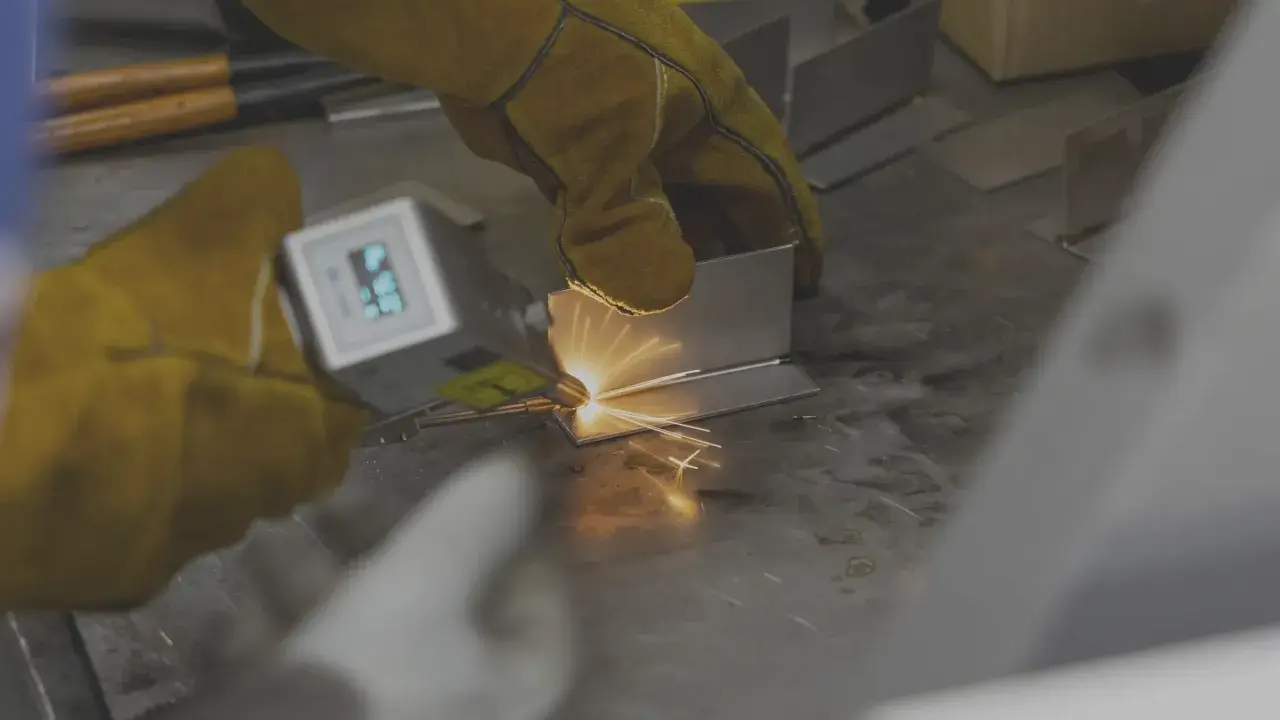 Mani guantate eseguono saldatura laser manuale su metallo, creando scintille luminose.