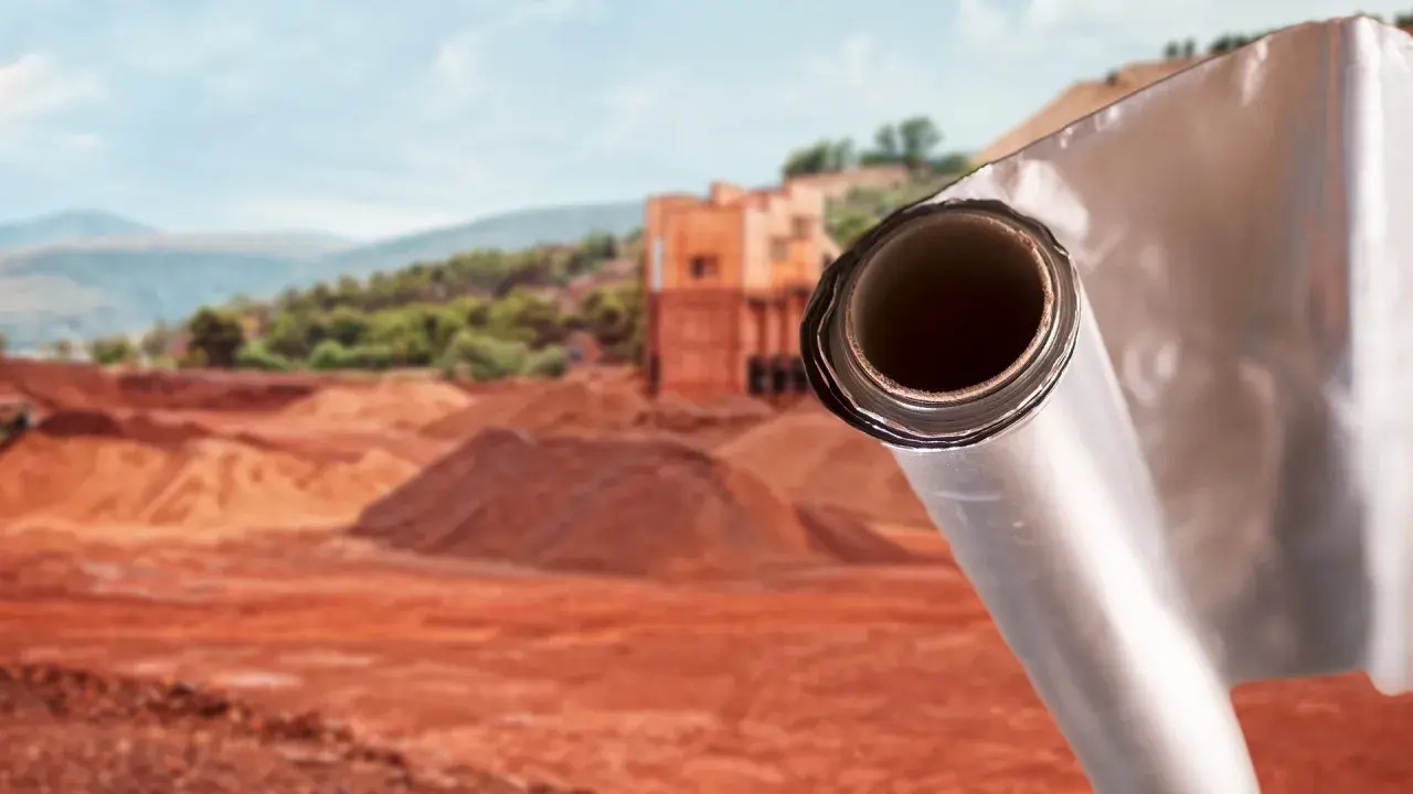 Rotolo di materiale riflettente, forse per isolamento, su un cantiere. Un accenno a come si produce l'alluminio, dal minerale alla forma finale.