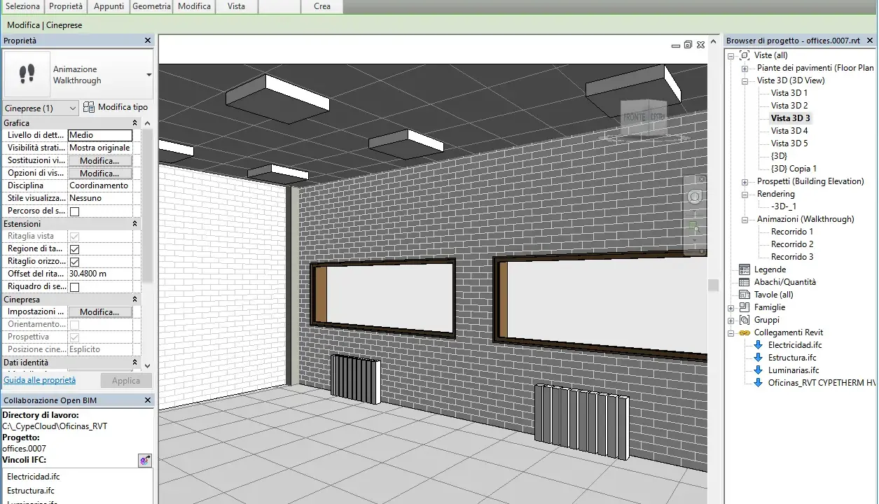 Vista 3D di un progetto di interni, con mattoni grigi e finestre. Il pannello "Proprietà" mostra opzioni per la "messa in tavola inventor".