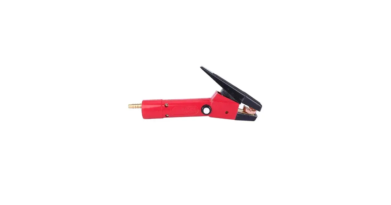 Pinza rossa per scriccatura saldatura, con ganasce in rame e attacco per tubo.