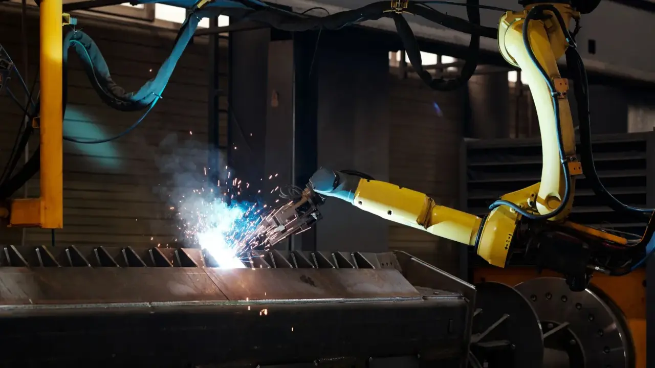 Braccio robotico giallo esegue saldatura, creando scintille luminose su un pezzo metallico grezzo.