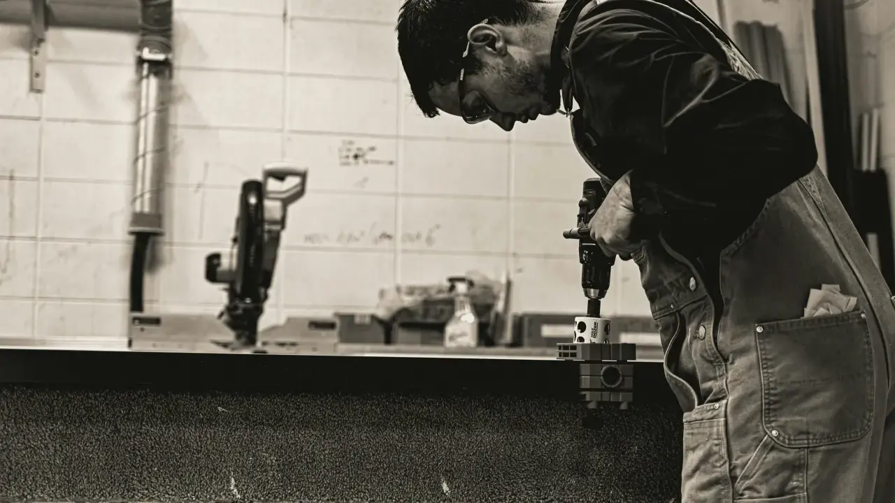 Giovane operatore CNC senza esperienza impara a usare un trapano, concentrato sul lavoro.
